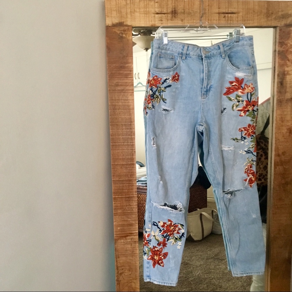 Topshop Embroidered Mom Jeans
